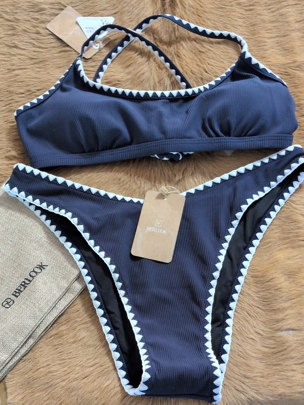 Berlook Ribbed Black Bikini Set with White Zigzag Trim